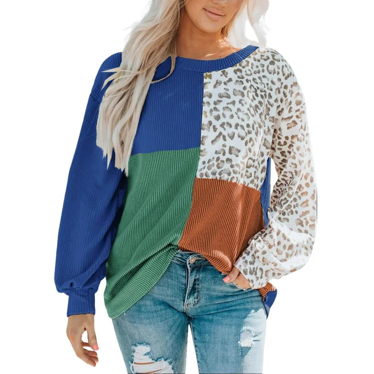 Leopard Patchwork Color Block Ribbed Long Sleeve Top-Everyone's Marketplace