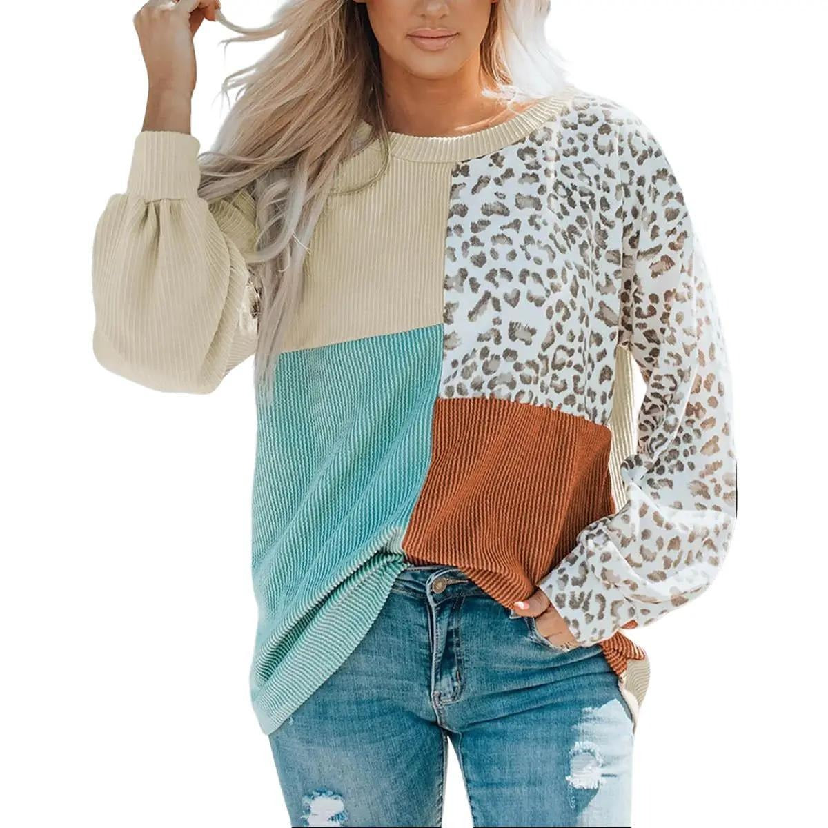 Leopard Patchwork Color Block Ribbed Long Sleeve Top-Everyone's Marketplace