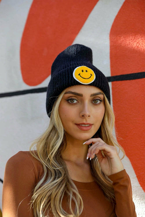 Smiley Face Ribbed Beanie π-Everyone's Marketplace