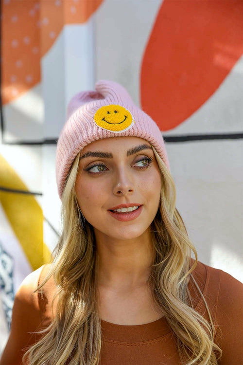 Smiley Face Ribbed Beanie π-Everyone's Marketplace