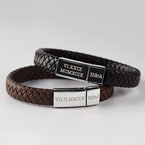Roman Numerals Engraved Mens Bracelet, Woven Braided Leather Bracelet-Everyone's Marketplace