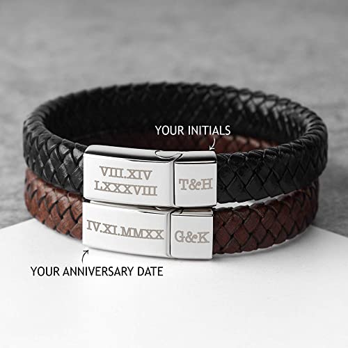 Roman Numerals Engraved Mens Bracelet, Woven Braided Leather Bracelet-Everyone's Marketplace