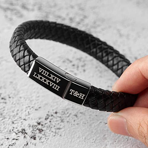 Roman Numerals Engraved Mens Bracelet, Woven Braided Leather Bracelet-Everyone's Marketplace