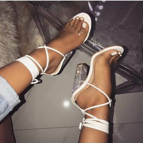 White Transparent Belt Thick-heeled High-heeled Sandals with Open-toed-Everyone's Marketplace