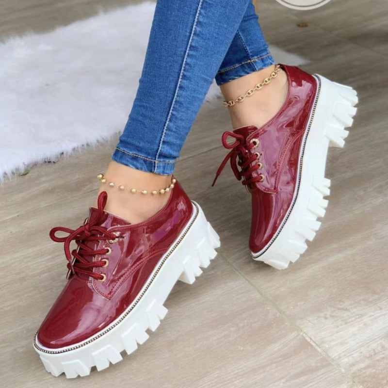 Thick Heel Increased Flat Platform Oxford Women Shoes Black/Red/Pink-Everyone's Marketplace