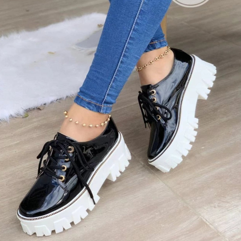 Thick Heel Increased Flat Platform Oxford Women Shoes Black/Red/Pink-Everyone's Marketplace
