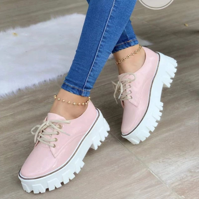 Thick Heel Flat Platform Oxford Women Shoes Pink/Red/Black-Everyone's Marketplace