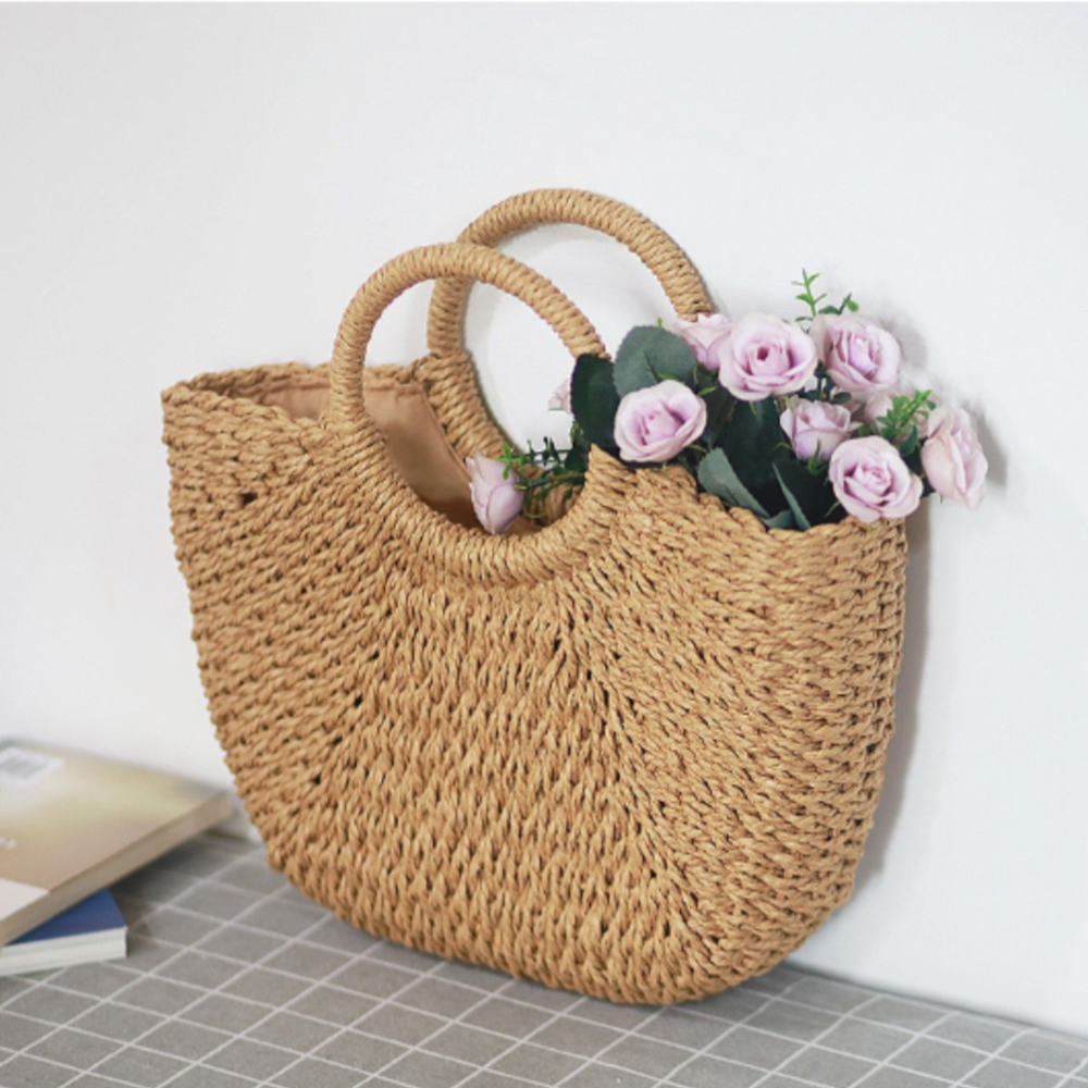 Summer Top Handle Semi Circle Straw Bag-Everyone's Marketplace