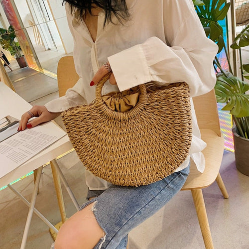 Summer Top Handle Semi Circle Straw Bag-Everyone's Marketplace
