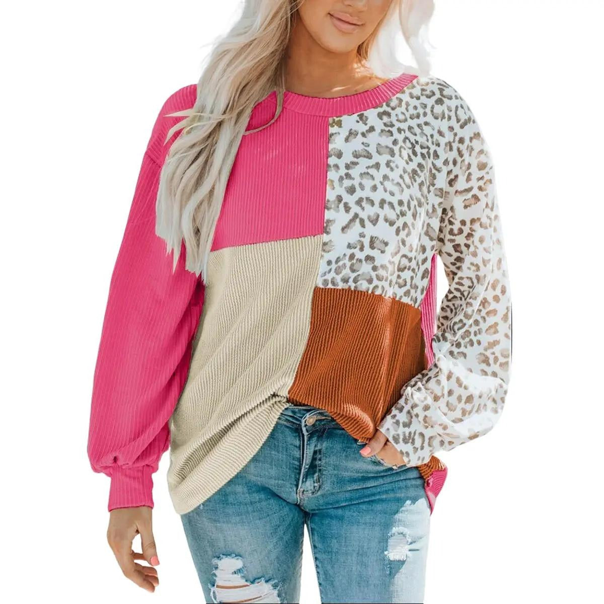 Leopard Patchwork Color Block Ribbed Long Sleeve Top-Everyone's Marketplace