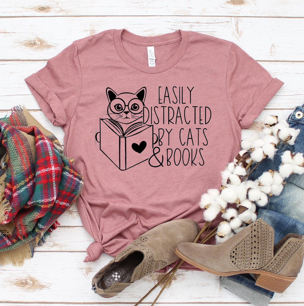 Easily Distracted By Cats & Books T-shirt-Everyone's Marketplace